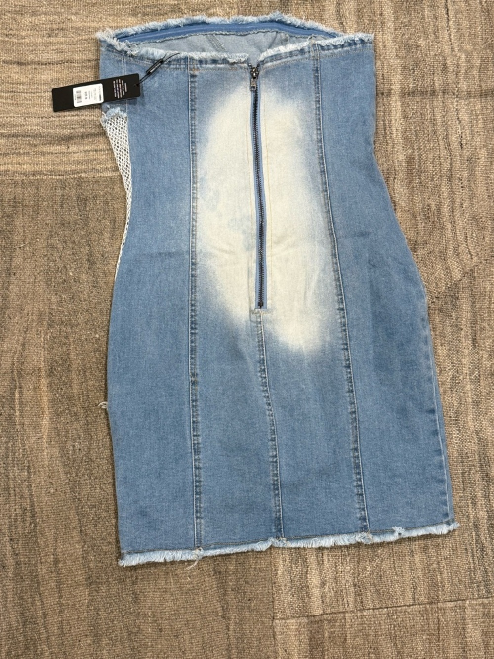 NWT Fashion Nova Light Blue Strapless Distressed Denim & Mesh Mini Dress - Picture 2 of 8